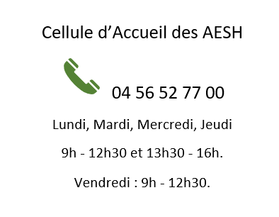 contacter la cellule d'accueil AESH au 04 56 52 77 00 le lundi, mardi, mercredi et jeudi de 9 heures à 12 heures 30 et de 13h30 à 16 heures ou le vendredi de 9heures à 12 heures 30.